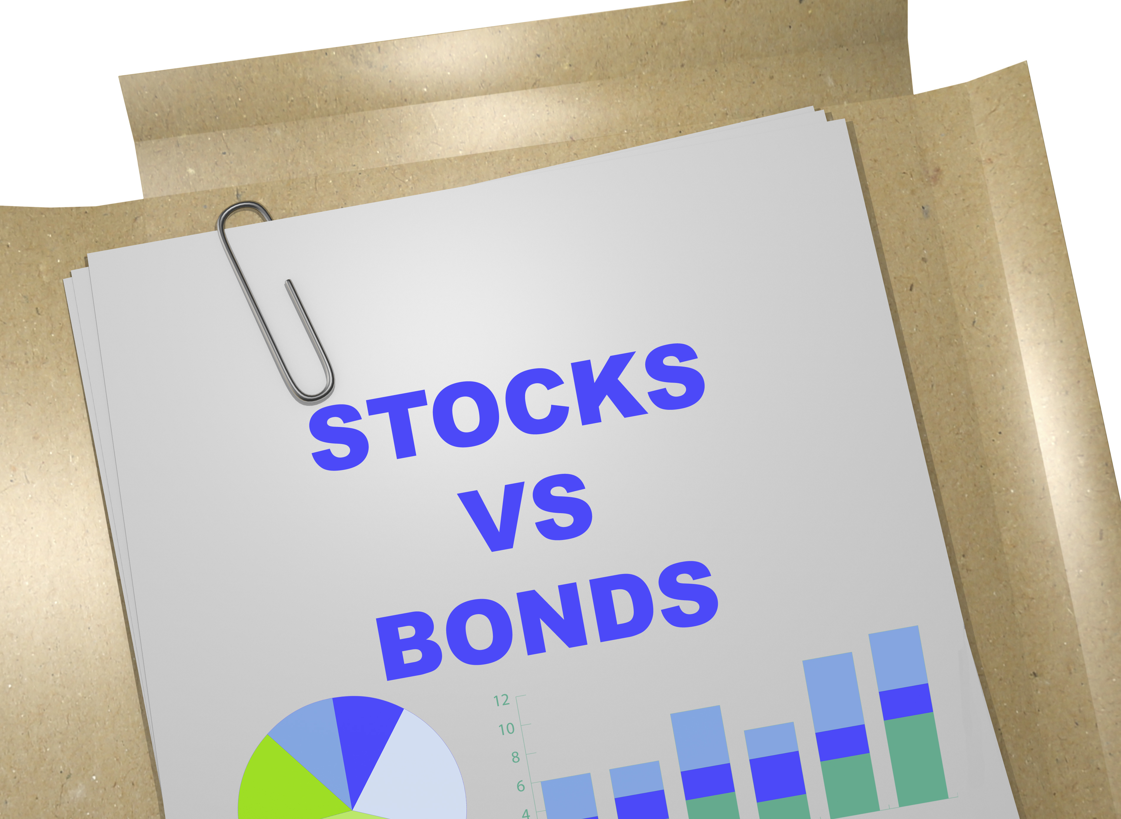 3D illustration of "STOCKS VS BONDS" title on business document